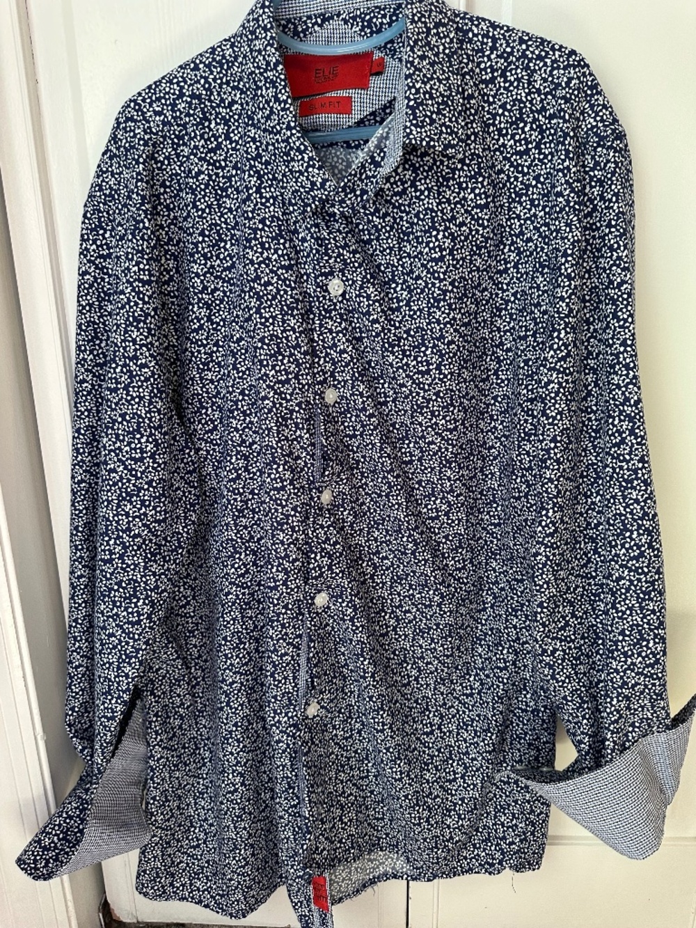 Blue and white patterned Elie Balleh button down shirt